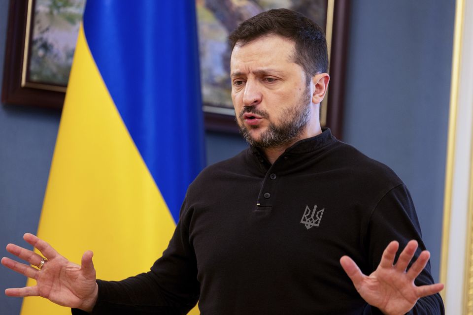 Ukraine’s President Volodymyr Zelensky giving a press conference in Kyiv on Wednesday (Tetiana Dzhafarova/Pool Photo via AP)