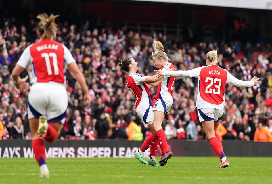 Arsenal’s Emily Fox celebrates scoring her side’s fifth goal against Tottenham Hotspur during the Barclays Women’s Super League in February (Zac Goodwin/PA)