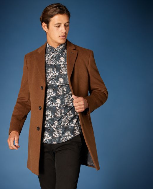 Camel slim fit wool-mix overcoat with contrast under collar trim, £239