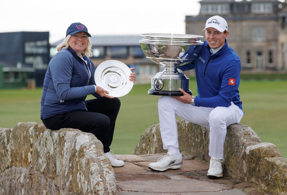 Susan Fitzpatrick and Matt Fitzpatrick celebrated with the team and individual trophies after winning the Alfred Dunhill Links Championship (Steve Welsh/PA)