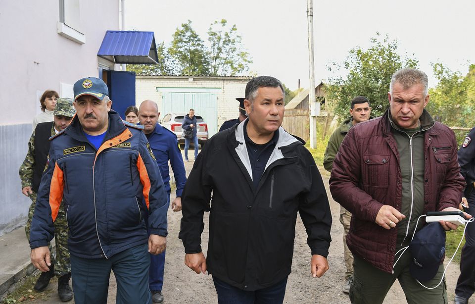 Tver regional governor Igor Rudenya arrives to attend a meeting in Toropets (Press Service of the Government of the Tver Region of Russia via AP)