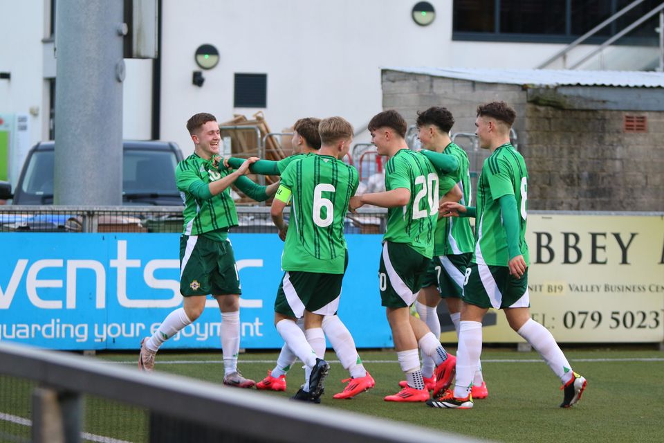 Darragh McCann celebrates Northern Ireland U17s' second goal in the win over Scotland