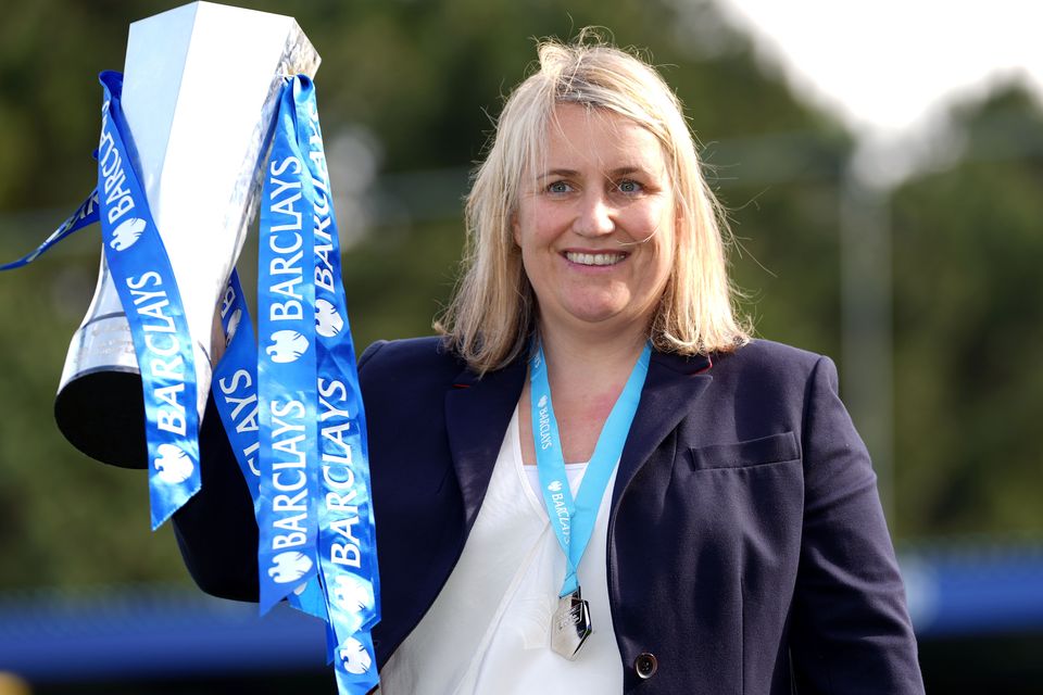 Chelsea manager Emma Hayes celebrates with the Women’s Super League trophy (John Walton/PA)