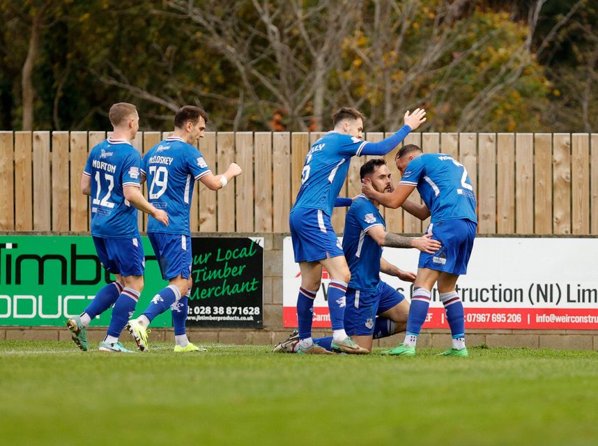 Loughgall's Nathaniel Ferris celebrates with his team-mates after his goal against Glenavon