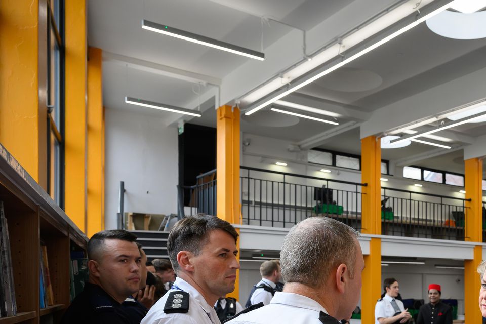 Home Secretary Yvette Cooper speaks to firefighters who were on duty during August’s riots (Leon Neal/PA)