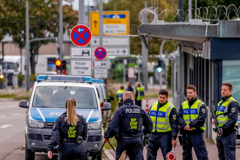 German police officers gather at the border between Germany and France in Kehl, Germany (Michael Probst/AP)