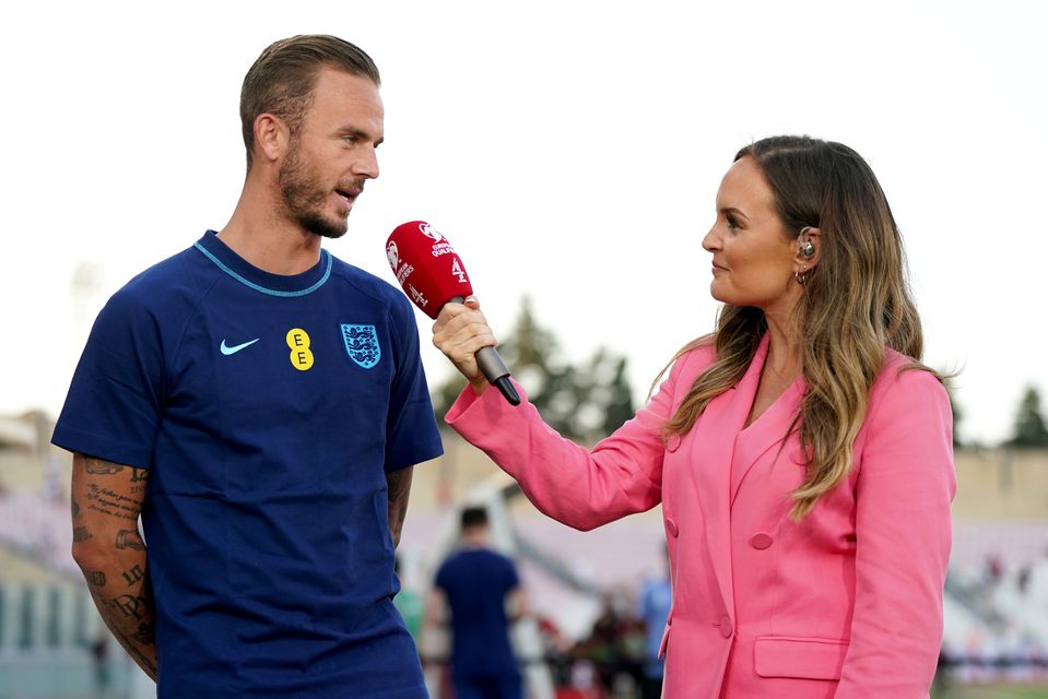 Kelly Somers, right, with England midfielder James Maddison (Nick Potts/PA)