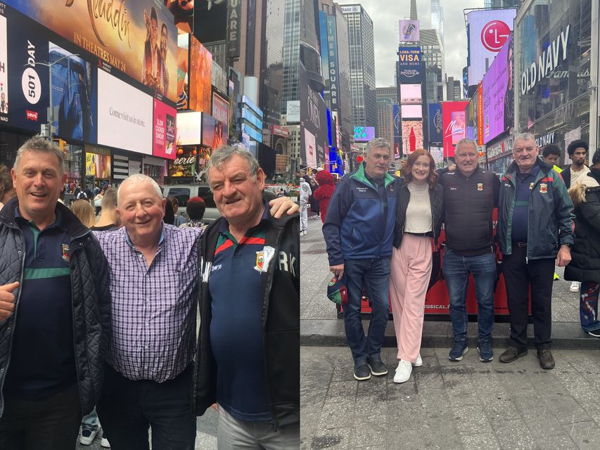 Christina Boniello pictured with the three Irishmen in Times Square in 2024 (right) and the image she took of the Irishmen in the same location in 2019 (left) (Christina Boniello/PA)