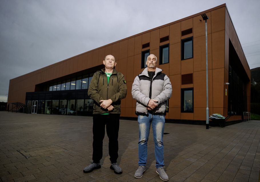 Patrick Muckian and Lewis Lyttle at the Black Mountain Shared Space building (Liam McBurney/PA)