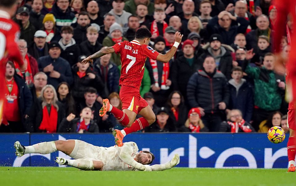 Stefan Ortega, pictured bringing down Luis Diaz to concede a penalty, was selected over Ederson on Sunday (Peter Byrne/PA)