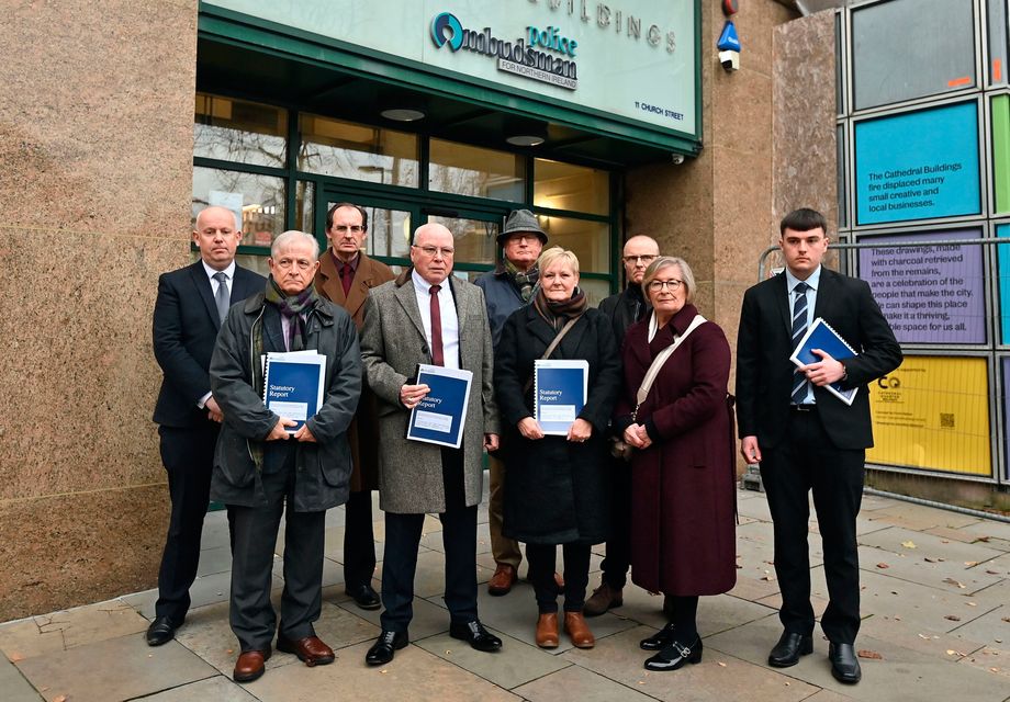 Families, friends, and campaigners outside the office of the Police Ombudsman for Northern Ireland in Belfast. Image: Oliver McVeigh/PA Wire