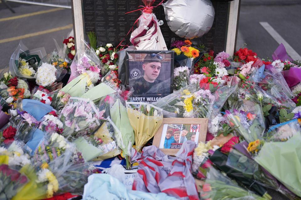 Tributes were left for Harvey at Sheffield United’s Bramall Lane football stadium (Jacob King/PA)