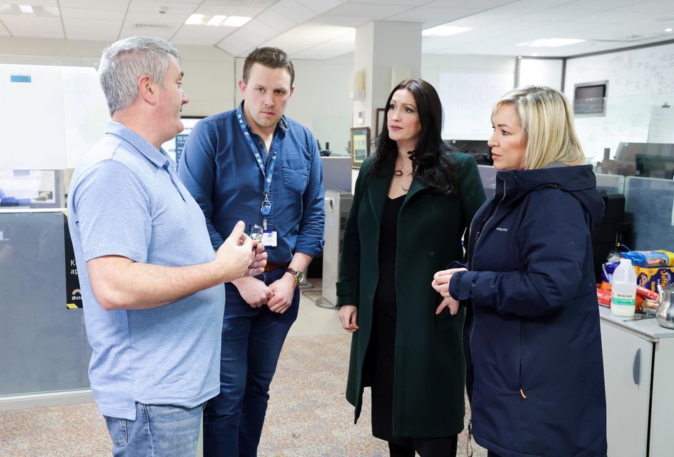 First Minister Michelle O’Neill and deputy First Minister Emma Little-Pengelly visited NIE Networks in Craigavon to hear about the efforts being made to restore power to homes and businesses. Photo: Kelvin Boyes / Press Eye.