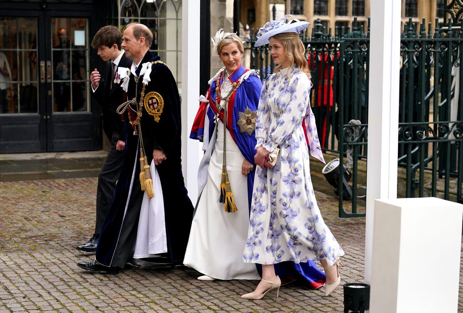 The Duke and Duchess of Edinburgh arriving with their daughter Lady Louise Windsor (right) and son the Earl of Wessex (left) for the King’s coronation (Andrew Milligan/PA)