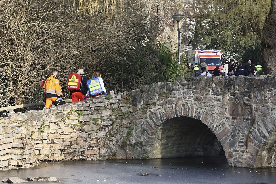 Rescue and security workers at the scene in Aschaffenburg, Germany (Ralf Hettler/dpa via AP)