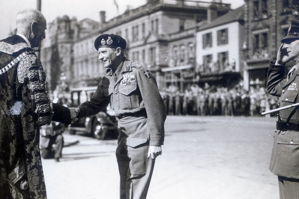 Field Marshal Bernard Montgomery, visit to Northern Ireland 1945. Arriving in Belfast and being greeted at the City Hall by Sir Crawford McCullagh. 14/9/1945.