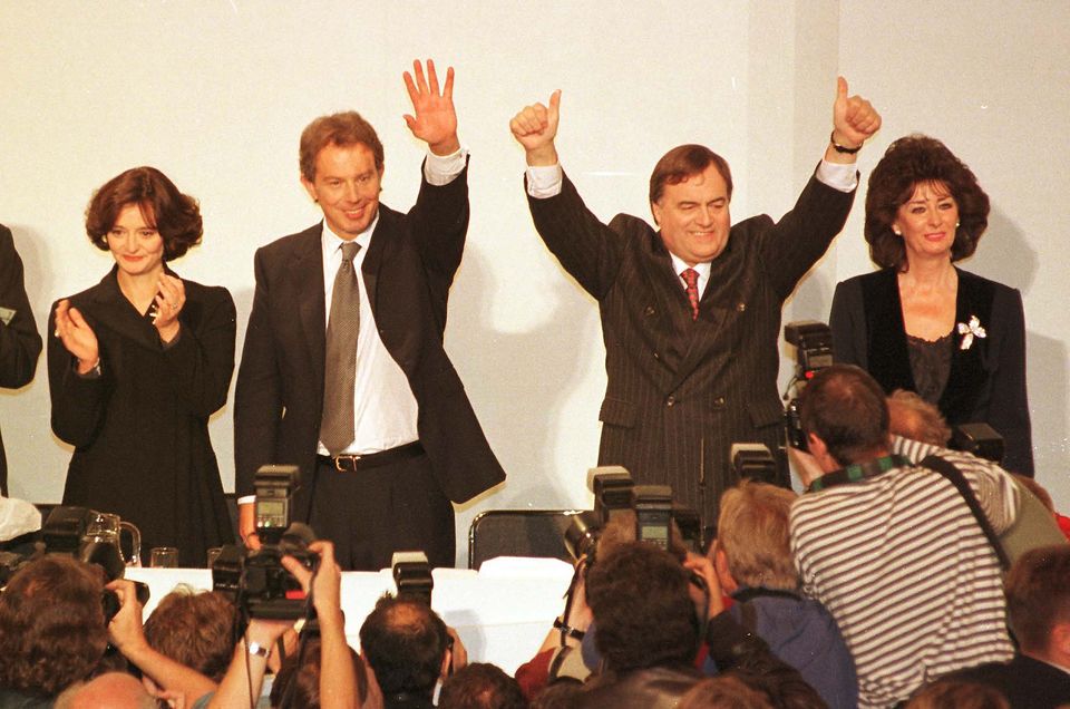 Left to right, Cherie Blair, Tony Blair, John Prescott and Pauline Prescott waving to the crowd at the end of the Labour Party conference in Blackpool in 1996 (Fiona Hanson/PA)