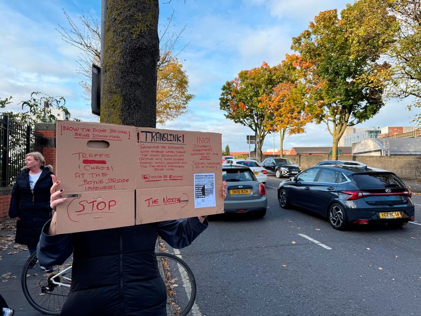 A woman standing with a sign during a protest at the Boyne Bridge