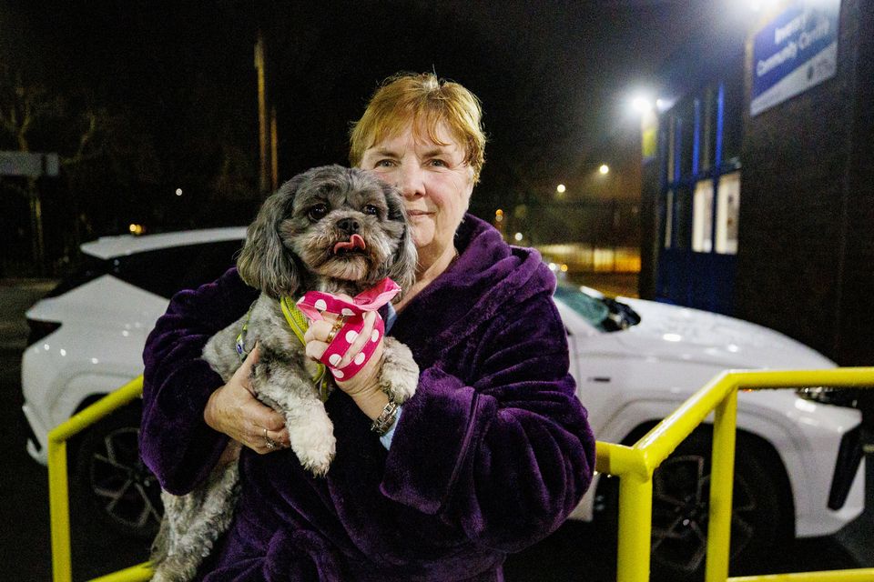 Radius Housing Inverary Fold resident Linda Sittt with her dog Dolly at Inverary Community Centre in east Belfast where she and other residents of Radius Housing Inverary Fold have been given shelter by Belfast City Council.. Credit: Liam McBurney/RAZORPIX
