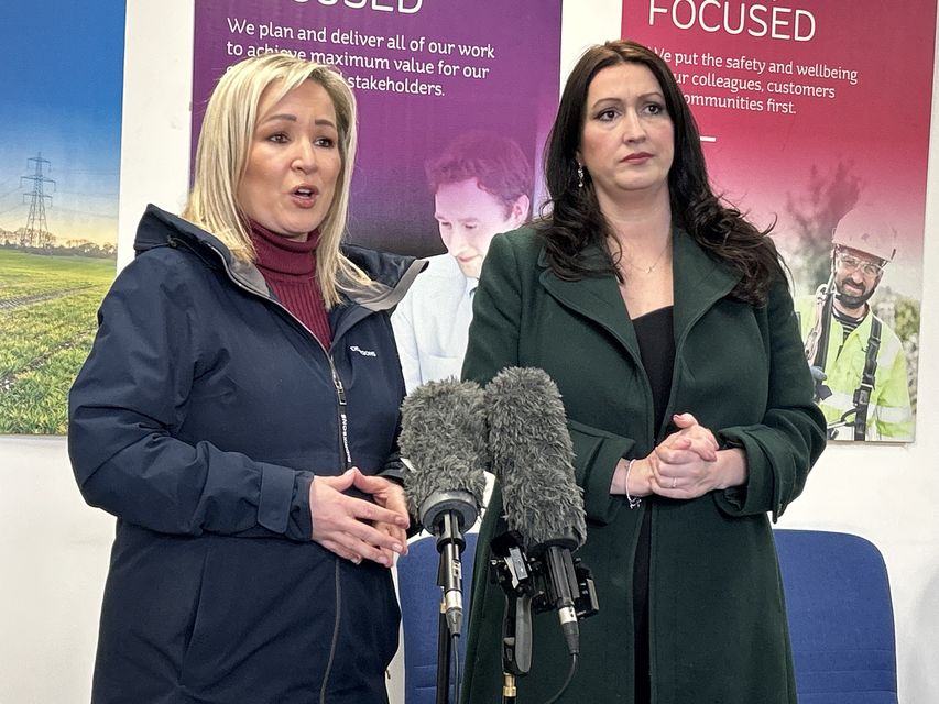 Stormont First Minister Michelle O’Neill (left) and deputy First Minister Emma Little-Pengelly (right) speak to media at NIE Networks at Carn Industrial Estate in Craigavon, Co Armagh on Saturday (Rebecca Black/PA)