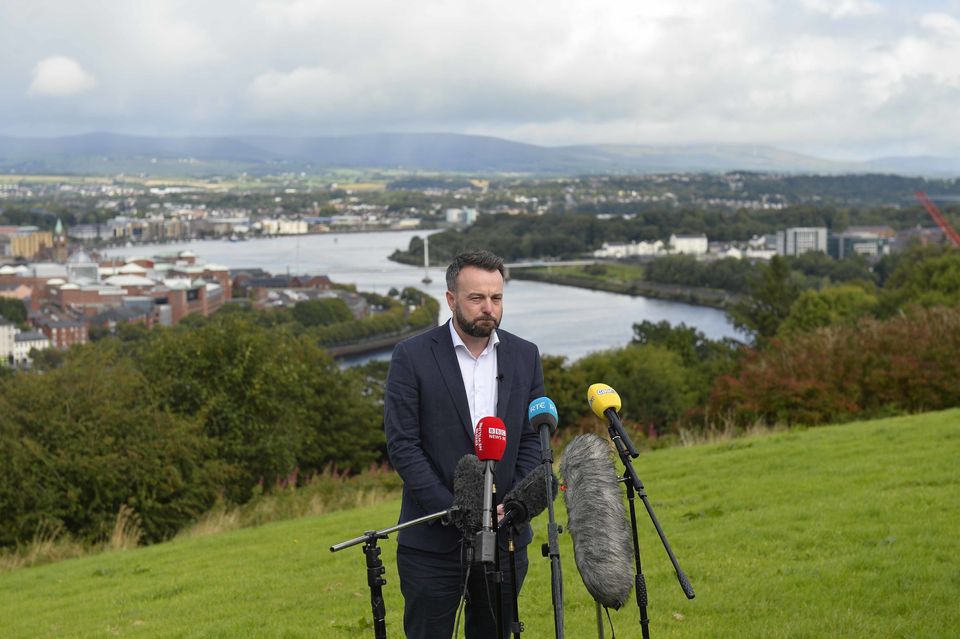 SDLP leader Colum Eastwood during a press conference where he announced his resignation as party leader, at Eskaheen View, Derry, on August 29 (Mark Marlow/PA)