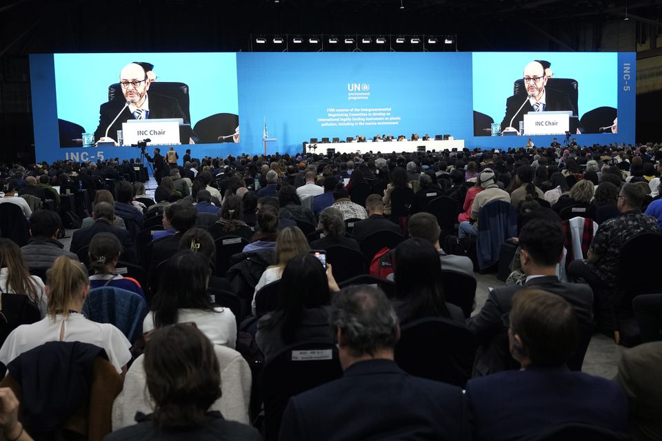 Luis Vayas Valdivieso speaks during a plenary of the fifth session of the Intergovernmental Negotiating Committee on Plastic Pollution (AP Photo/Ahn Young-joon)