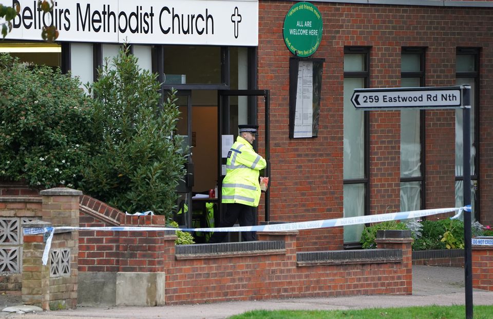 Sir David Amess was stabbed to death at Belfairs Methodist Church whilst at a constituency surgery in Leigh-on-Sea in Essex on October 15 2021 (Kirsty O’Connor/PA)