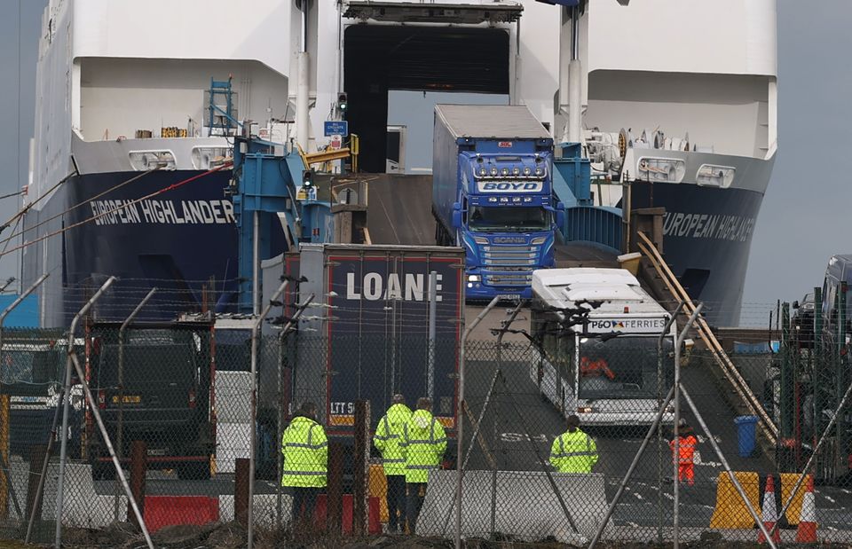 Lorries driving off the European Highlander P&O ferry at the Port of Larne (Liam McBurney/PA)