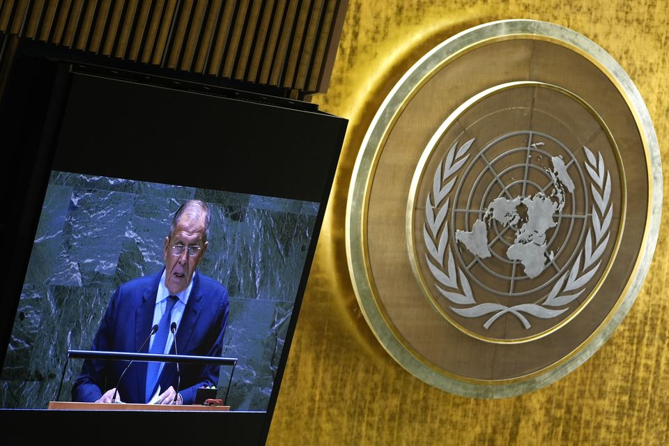 Sergei Lavrov appears on a TV screen as he addresses the 79th session of the UN General Assembly (Pamela Smith/AP/PA)