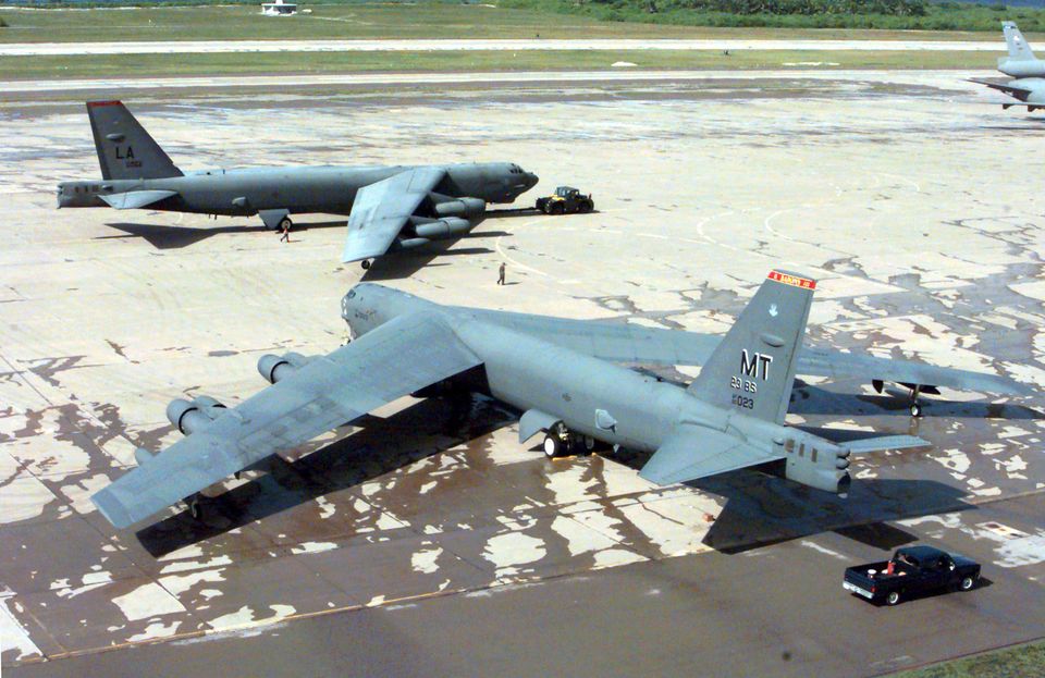 A US Air Force B-52H Stratofortress being towed past another on the flight line at Navy Support Facility Diego Garcia, British Indian Ocean Territory (Staff Sgt Mary L. Smith/US Dept/PA)