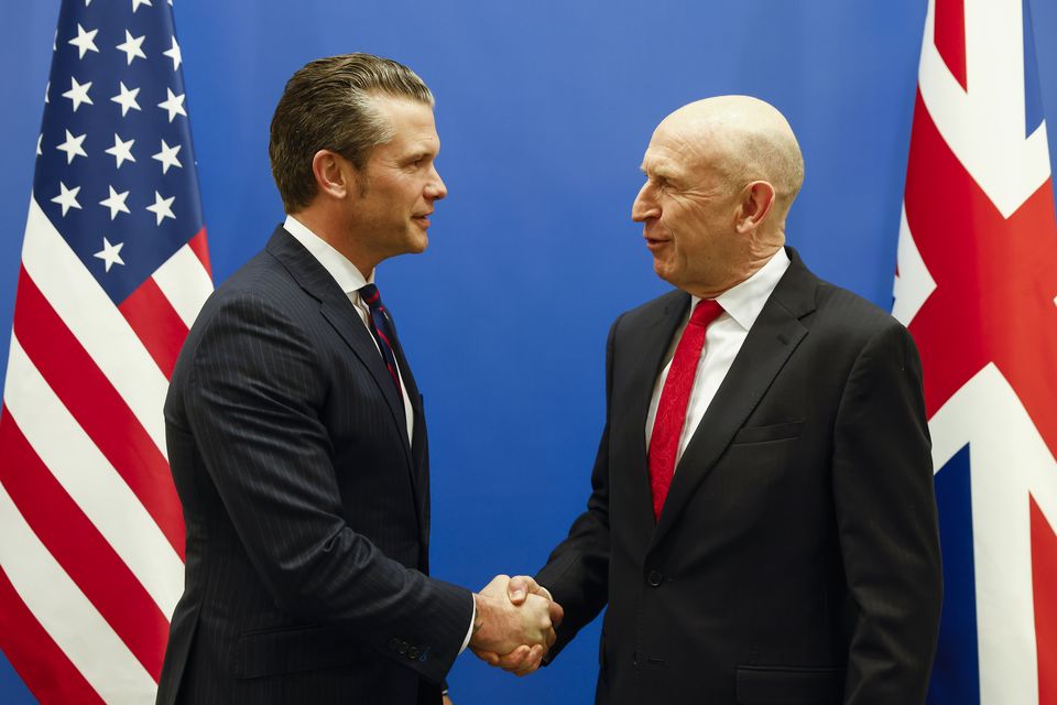 John Healey met US defence secretary Pete Hegseth in Brussels as the American suggested his country was no longer ‘primarily focused’ on guaranteeing European security (Johanna Geron, Pool Photo via AP)