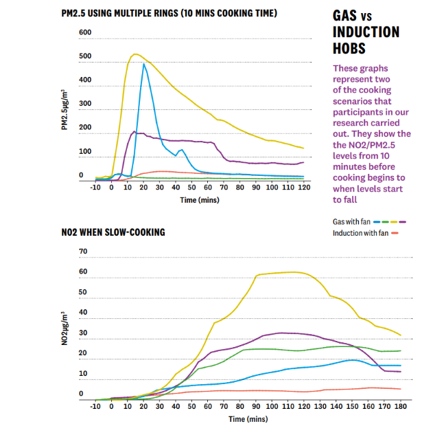 Graphs representing pollution levels during cooking on gas or induction hobs (Which?/PA)