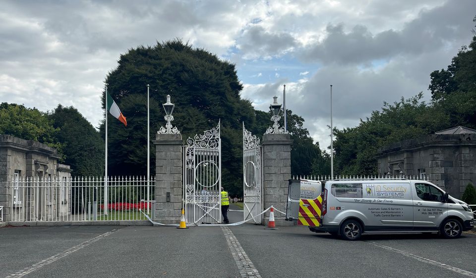 The gates at the official residence of Ireland’s President, Michael D Higgins, where gardai are investigating an incident of criminal damage (Cate McCurry/PA)