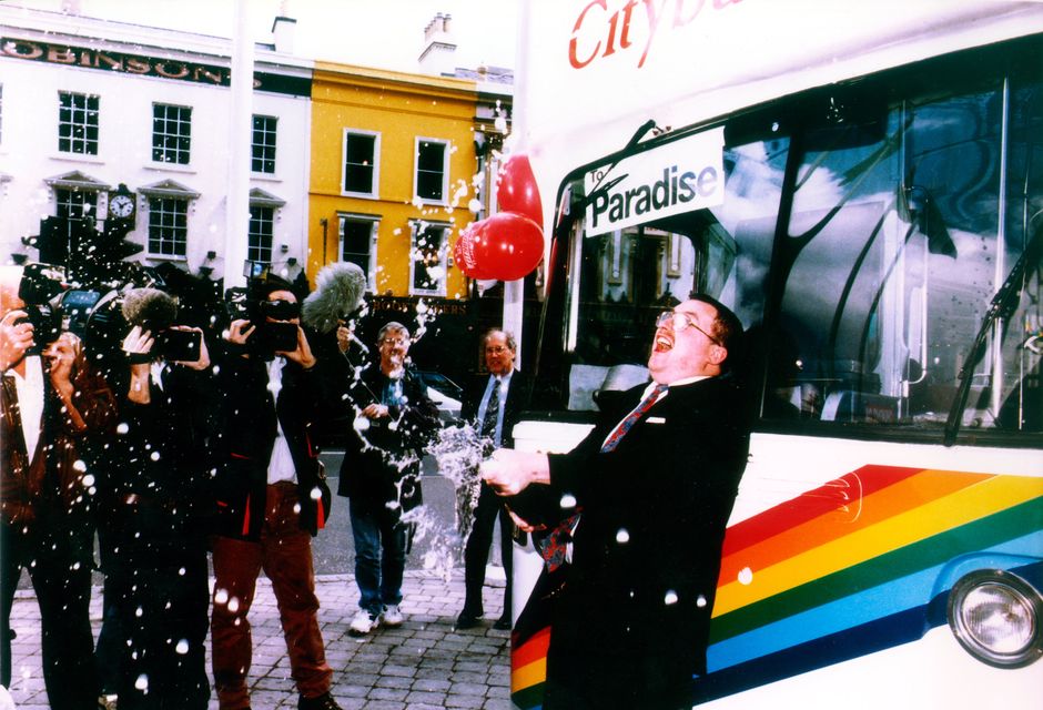 Peter celebrating his lotto win in May 1996