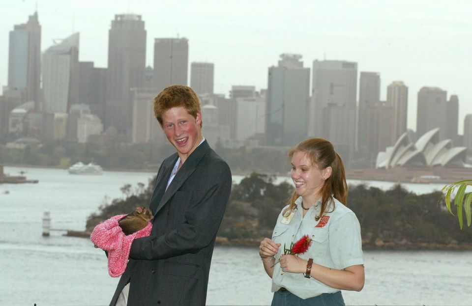 Harry holds a ring-tailed possum at Taronga Zoo in Sydney to mark the start of his gap year in 2003 (Phil Noble/PA)