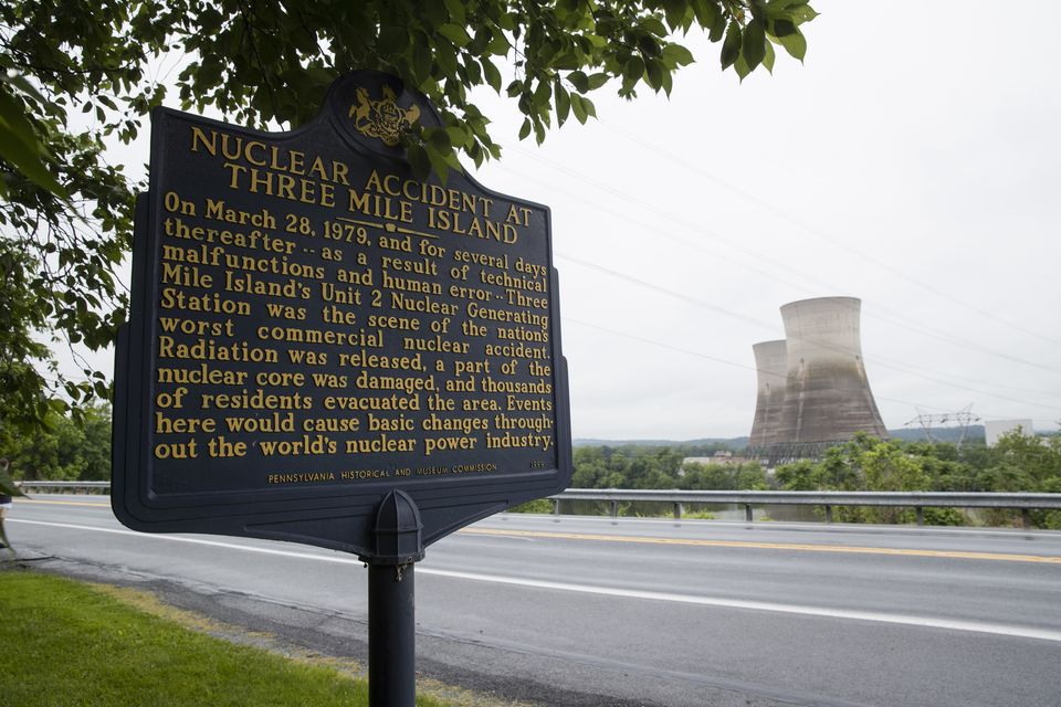 The unit 2 cooling towers at the Three Mile Island nuclear power plant in Middletown (Matt Rourke/AP)