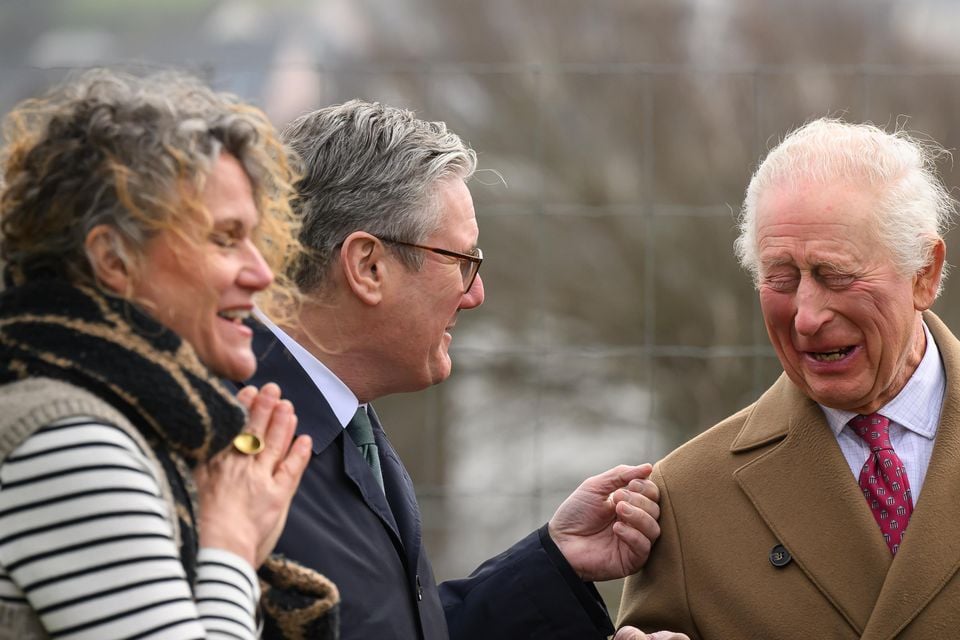 Charles, the PM and the Deputy Prime Minister during the visit to Cornwall on Monday (Leon Neal/PA)