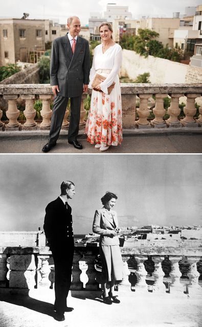 Edward and Sophie, top, recreated a photograph of Queen Elizabeth II and the late Duke of Edinburgh, bottom (PA)