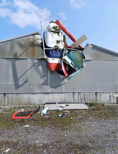 The debris of the helicopter at the piggery between Raharney and Killucan