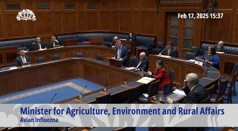 Stormont Agriculture, Environment and Rural Affairs Minister Andrew Muir faces an urgent oral question around Avian Influenza at the Northern Ireland Assembly on Monday (NI Assembly/PA)