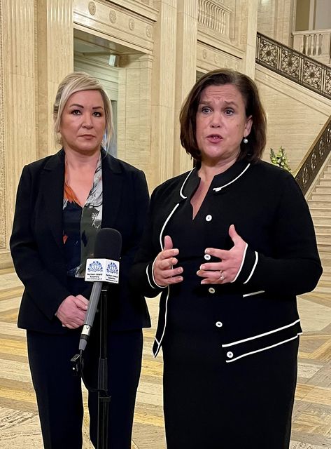 Sinn Fein president Mary Lou McDonald (right) and vice president Michelle O’Neill talking to the media in the Great Hall of Parliament Buildings at Stormont, Belfast (David Young/PA)