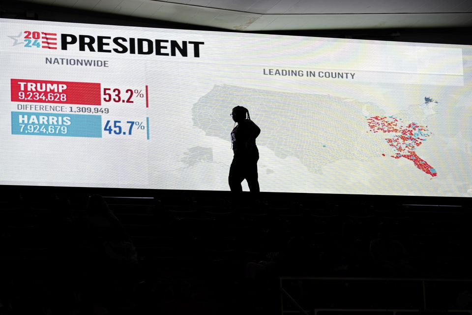 Howard University students watch live election results during a watch party near an election night event for Kamala Harris in Washington (Nathan Howard/AP)