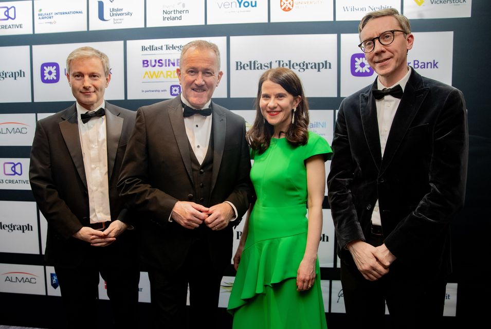 Eoin Brannigan, Editor in chief of Belfast Telegraph, Economy Minister Conor Murphy, Belfast Telegraph Business Editor Margaret Canning and Ed McCann, Director of Publishing Operations, Mediahuis Ireland.

 (Photo by Kevin Scott for Belfast Telegraph)