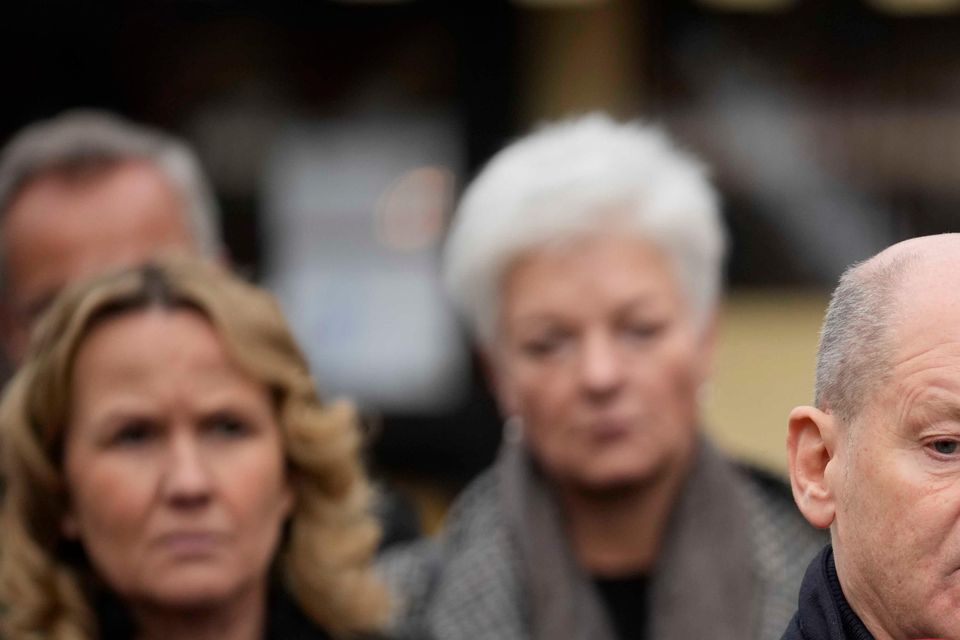 Germany’s Chancellor Olaf Scholz talking to reporters at the Christmas market in Magdeburg on Saturday (AP Photo/Ebrahim Noorozi)