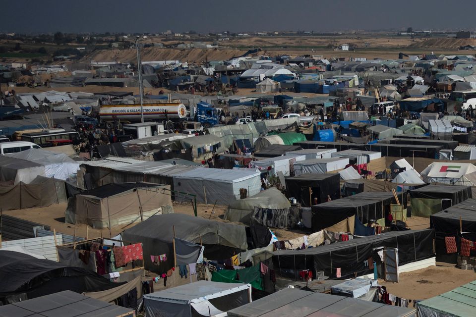 The makeshift tent camp where Palestinians displaced by the Israeli bombardment of the Gaza Strip are staying (Fatima Shbair/AP)