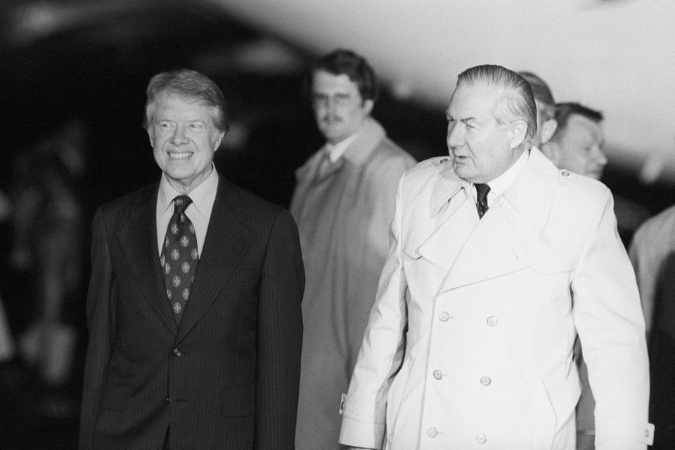 President Jimmy Carter on his first foreign trip since becoming president of the United States, with James Callaghan after the then-prime minister had greeted him on arrival at Heathrow Airport (Archive/PA)