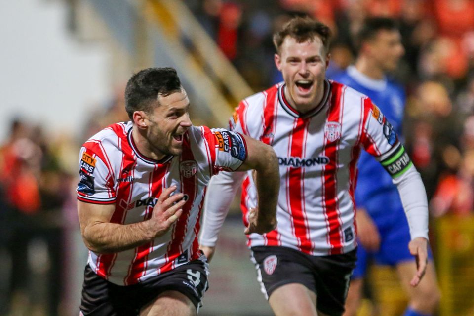 Patrick Hoban celebrates hitting the target during Derry City's victory over Waterford at the Brandywell