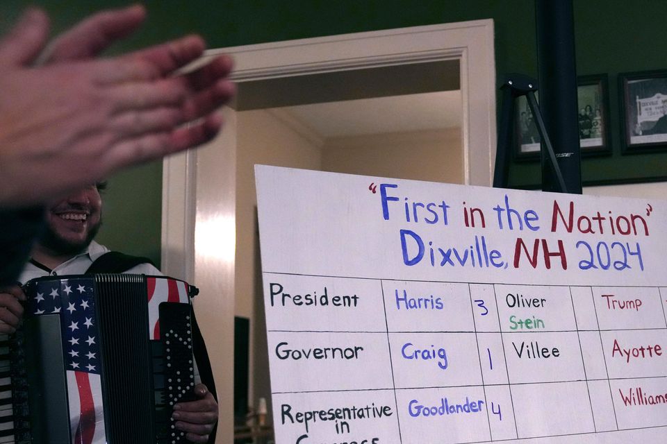 Results are posted after the midnight vote on Election Day in Dixville Notch, New Hampshire (Charles Krupa/AP)