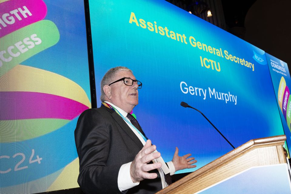 Gerry Murphy, ICTU assistant general secretary, speaking at the NIC-ICTU Biennial Delegate Conference 2024 (Kevin Cooper/PA)