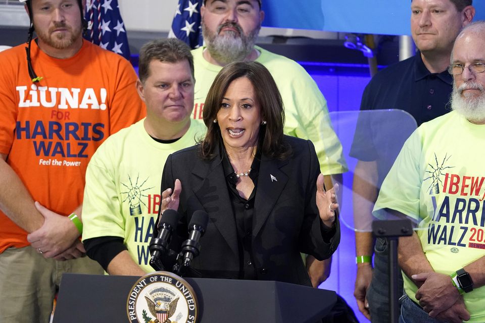 Democratic presidential nominee Vice President Kamala Harris speaks during a campaign event in Janesville (Kayla Wolf/AP)